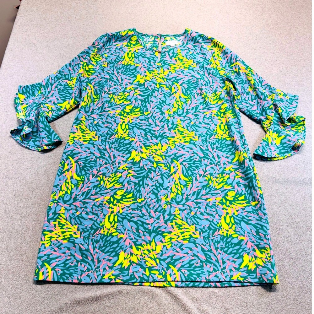 Mud Pie Womens L Tropical Print Shift Dress Ruffle Bell Sleeve Green Pink Yellow